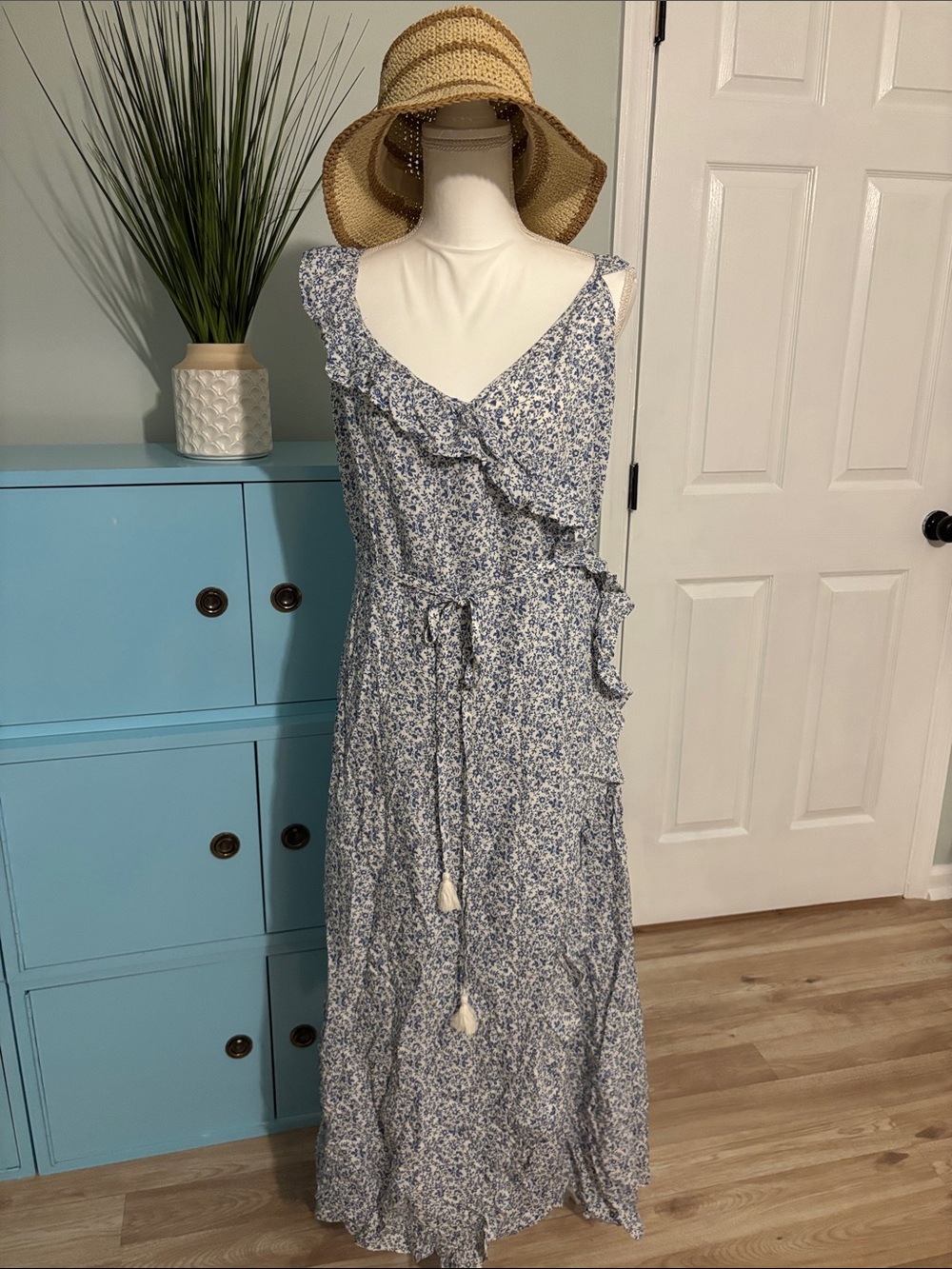 Madewell Blue and White Floral Ruffle Maxi Dress